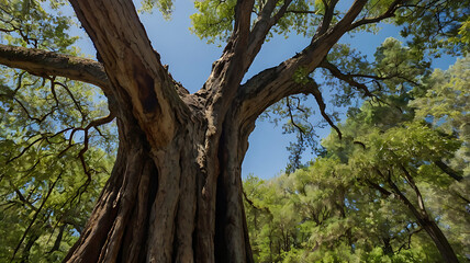 Obraz premium A massive, centuries-old tree trunk with a wide base and sprawling branches reaching toward the sky.