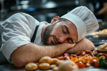 Tired chef worker fall asleep during working hours in the kitchen of a restaurant