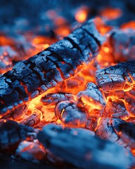Glowing Ember Log and Coals. Close up of a campfire's vibrant hot flames. Perfect for outdoor adventures.