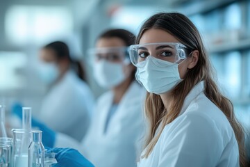 Young scientists conducting experiments in a laboratory during the day while wearing masks