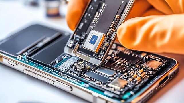 A technician installs a camera module into a disassembled smartphone.