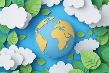 Naklejka premium Eco Friendly Earth Day Concept Paper Cutout Globe Leaves Clouds