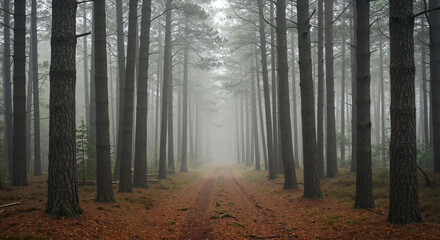 Serene lakeshore with fallen logs under moody skies - Misty forest path with towering trees and fallen leaves  