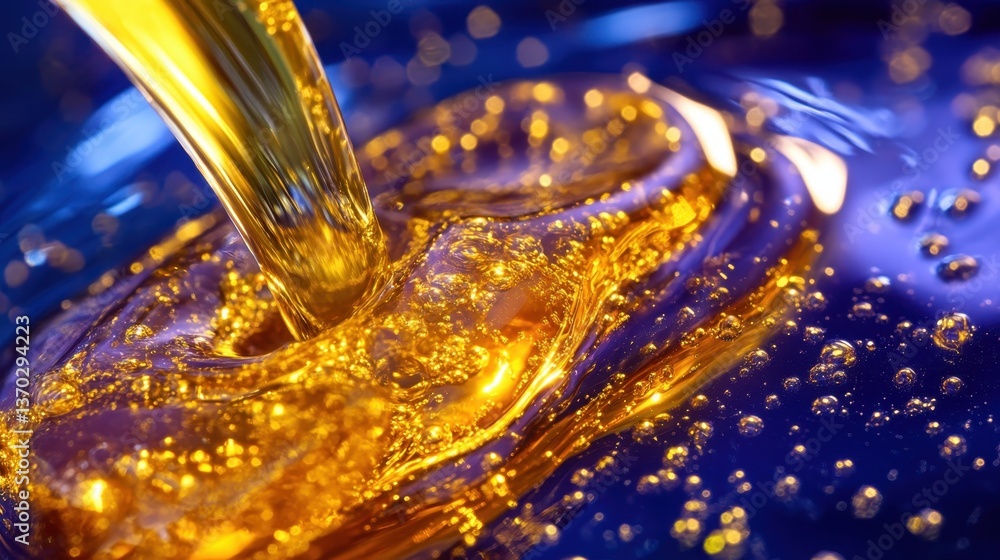 Poster golden honey dripping, splashing across blue surface, forming dynamic liquid waves with bubrant text