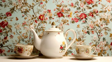 Fototapeta premium Elegant Tea Set with Floral Teacups and Teapot on a Vintage Floral Wallpaper Background