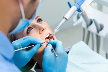 Fototapeta premium Dentist performing dental treatment on patient in clinic