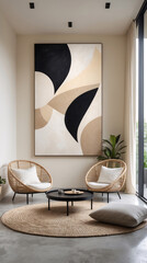 Simple minimalist living room with rattan chairs bean bags abstract canvas art beige and earth tones creating a peaceful and functional space Premium Stock Photo Interior Design