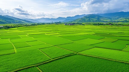Fototapeta premium Lush green rice fields stretch across rolling hills under a bright sky, showcasing vibrant agricultural landscapes and natural beauty.