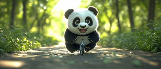 A Cute Panda Riding a Tiny Bicycle with a Big Smile, Playful and Adorable in a Heartwarming Scene