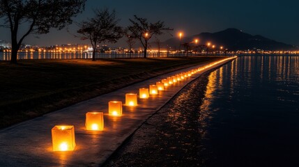 Night Lights Lakeside Pathway: Serene Evening Walk with Glowing Lanterns