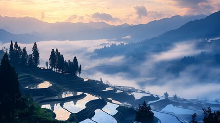 The Yuanyang rice terraces in China, covered in mist and reflecting the morning sky