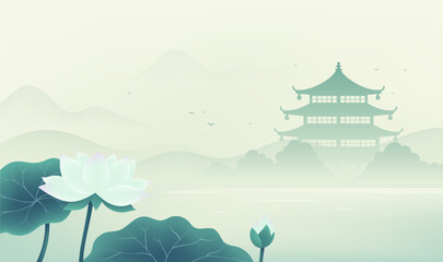 Chinese style horizontal illustration design lotus and architectural landscape