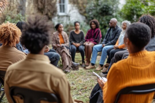 African american historyA photo of a community gathering, with people of all ages sitting together in a circle, listening to a speaker share stories of Black history and culture.