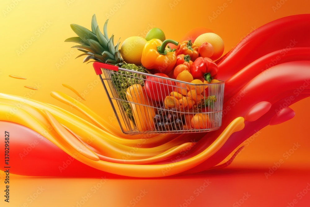 Poster vibrant flow of fresh groceries in a dynamic background with smooth liquid gradients and rich colors