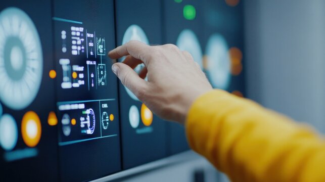 A close up of a hand interacting with digital control panels, showcasing advanced technology in a modern environment with a focus on user engagement and innovation
