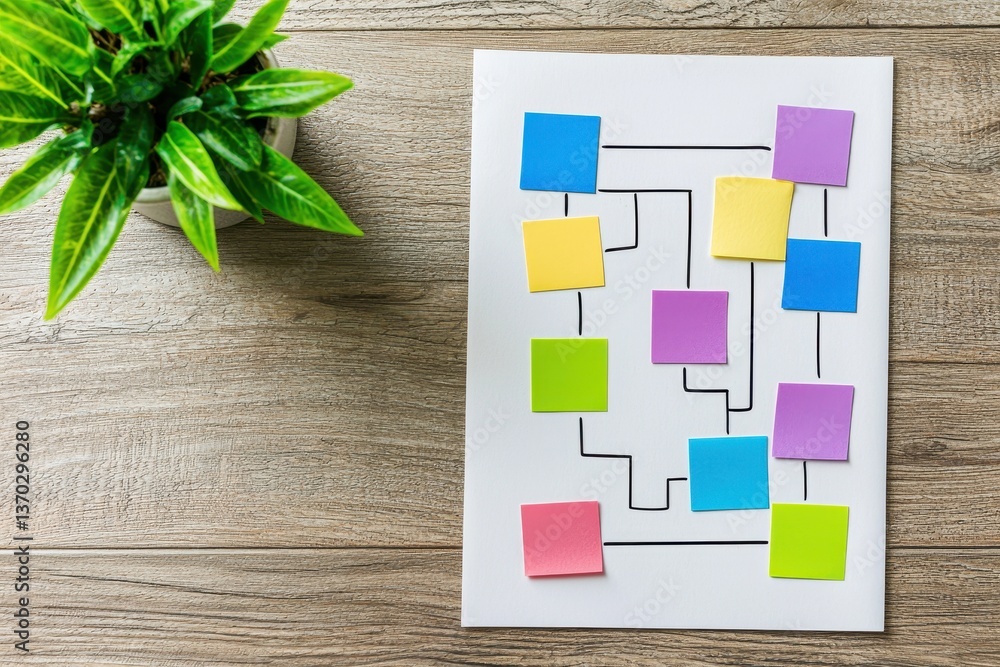 Poster colorful sticky notes on flowchart paper for project planning and workflow visualization on wooden