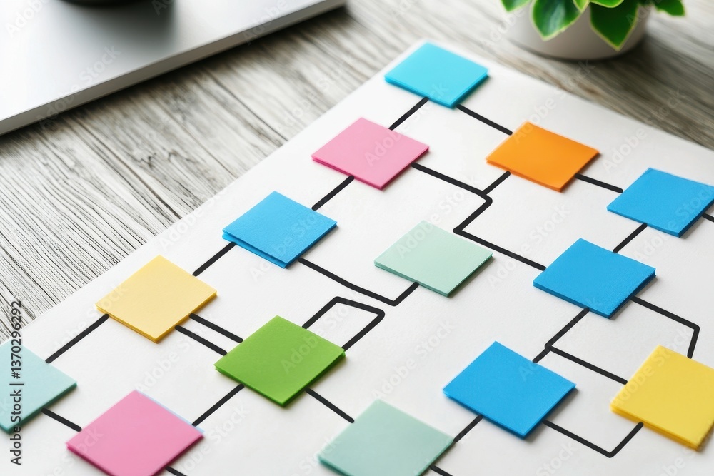 Poster colorful sticky notes on flowchart business planning process management workflow diagram