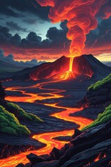 Majestic Volcano Landscape with Lava Flow and Dramatic Sky