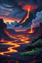 Majestic Volcano Landscape with Lava Flow and Dramatic Sky