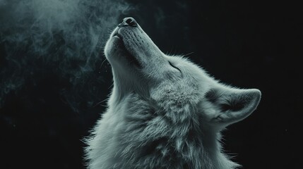 Naklejka premium Serene wolf portrait. Eyes closed, mouth open, gazing skyward. Stark contrast & smoky atmosphere evoke mystery and quiet strength