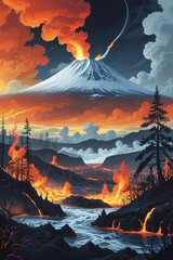 Majestic Volcano Landscape with Lava Flow and Dramatic Sky
