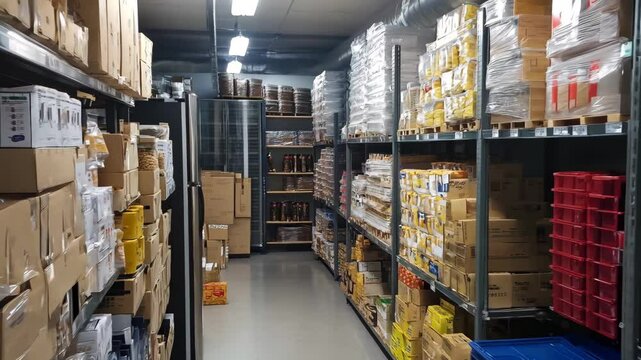 A well-organized industrial food storage warehouse filled with boxed and packaged goods, large plastic bins, and shelves stacked high with inventory for distribution or commercial kitchen use.