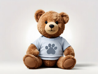 Obraz premium A classic teddy bear sitting with a light blue t-shirt and a dark gray paw print, creating a charming and nostalgic scene.