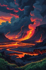 Majestic Volcano Landscape with Lava Flow and Dramatic Sky