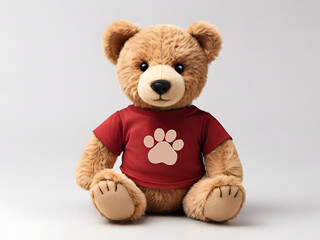 Obraz premium A classic teddy bear sitting with a maroon t-shirt and a Light brown paw print, creating a charming and nostalgic scene.