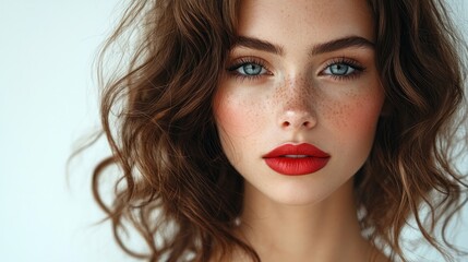 Fototapeta premium Stunning Portrait of a Young Woman with Freckles and Red Lips