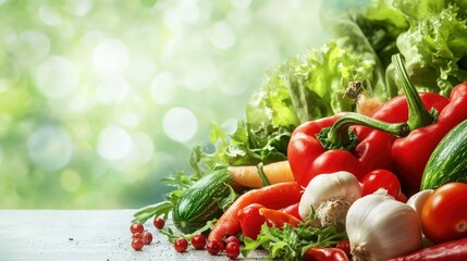 Fresh Vegetables and Greens Still Life Arrangement on a White Surface