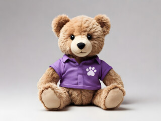 A charming image of a teddy bear with a purple polo shirt and a light gray paw print, showcases a delightful and endearing character.