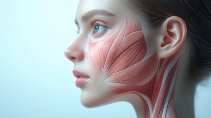 Female profile revealing muscular anatomy through translucent skin, medical visualization rendering highlighting facial muscle structure