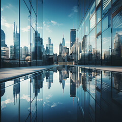 A city skyline reflected in a glass building. 