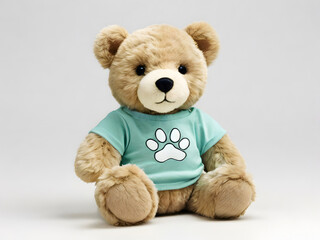 Obraz premium A delightful image of a teddy bear with a light Green t-shirt and a white paw print, showcasing a playful and endearing character.