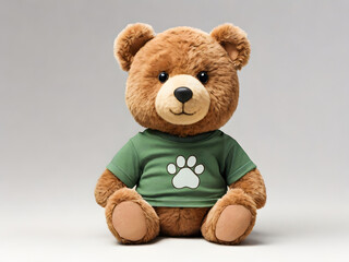 Obraz premium A captivating image of a teddy bear with a green t-shirt and a white paw print, showcasing a delightful and endearing scene.