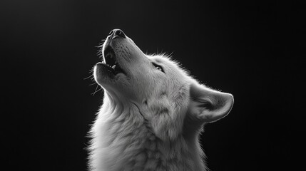 Fototapeta premium Striking black and white portrait of a wolf mid-howl. Intense gaze and stark contrast create a powerful, dramatic image