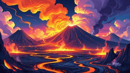 Lava Eruption from Multiple Volcanoes with Clouds and Smoke