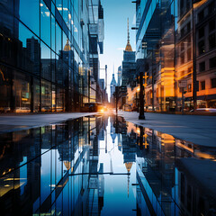 A city skyline reflected in a glass building. 
