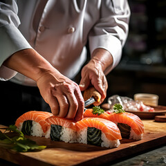 A close-up of a chefs hands preparing sushi.