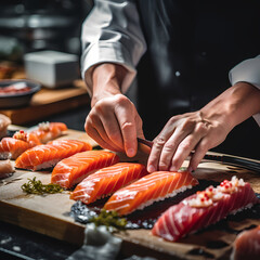 A close-up of a chefs hands preparing sushi.