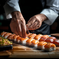 A close-up of a chefs hands preparing sushi.