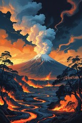 Lava Eruption from Multiple Volcanoes with Clouds and Smoke