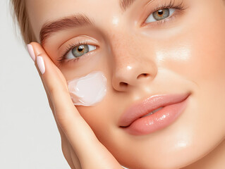 Skincare routine application by a young woman studio beauty portrait minimalist close-up self-care concept