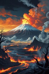Lava Eruption from Multiple Volcanoes with Clouds and Smoke