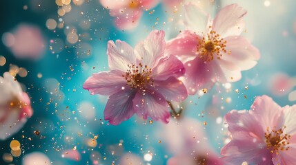 Surreal close-up of blooming pink flowers with abstract paint splashes, soft blue and turquoise background, intricate details, vibrant colors, delicate petals with artistic textures, metallic gold acc
