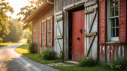 A rustic countryside farmhouse with a red barn door, wooden shutters, and a gravel road leading to the entrance, warm summer sunlight glowing