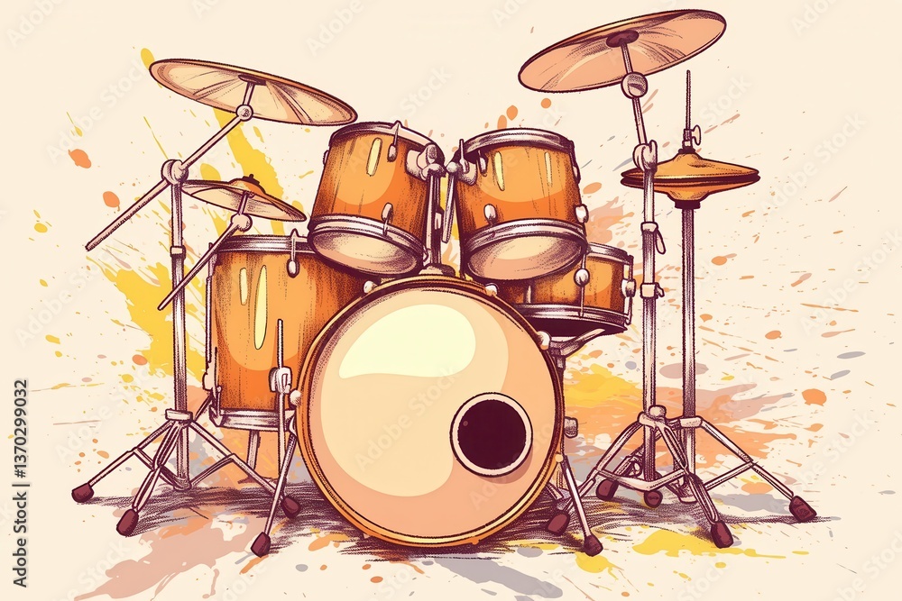 Aufkleber vibrant sketch of a complete drum kit with cymbals on a colorful splashed background