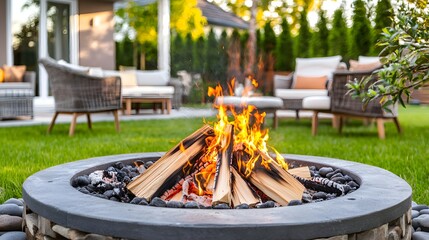 Cozy Outdoor Campfire Surrounded By Modern Seating Area In A Lush Green Garden