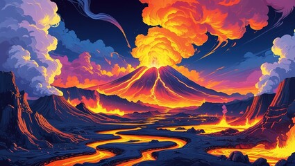 Lava Eruption from Multiple Volcanoes with Clouds and Smoke